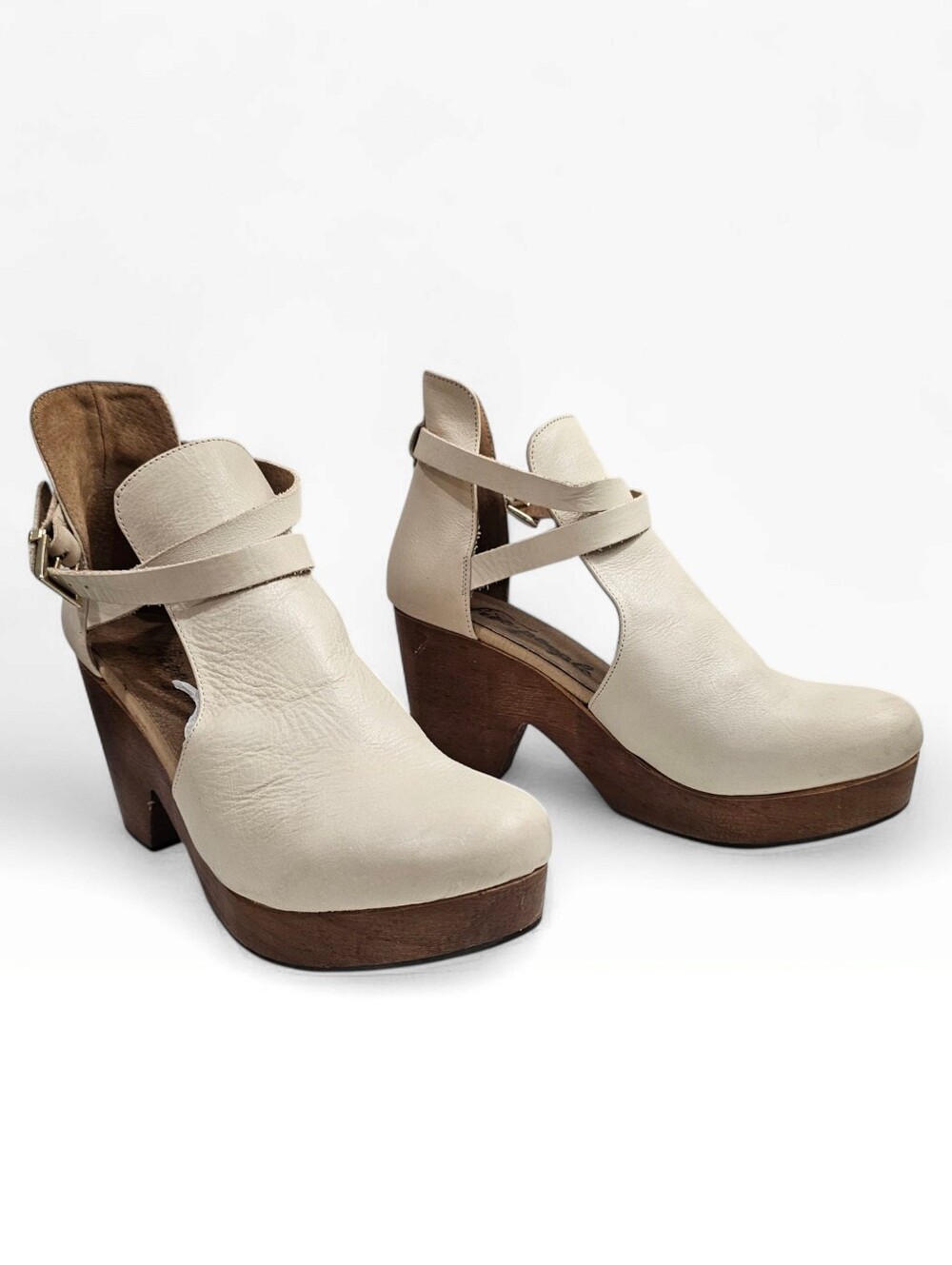 FREE PEOPLE Cedar Clog Ivory Bone Leather Wooden Block Heel Strappy Ankle 40/10